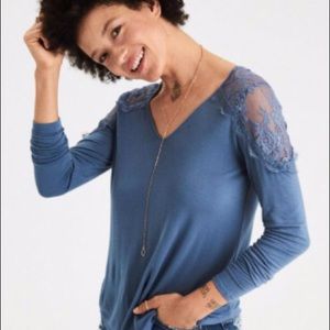 American eagle blue laced shoulder long sleeve